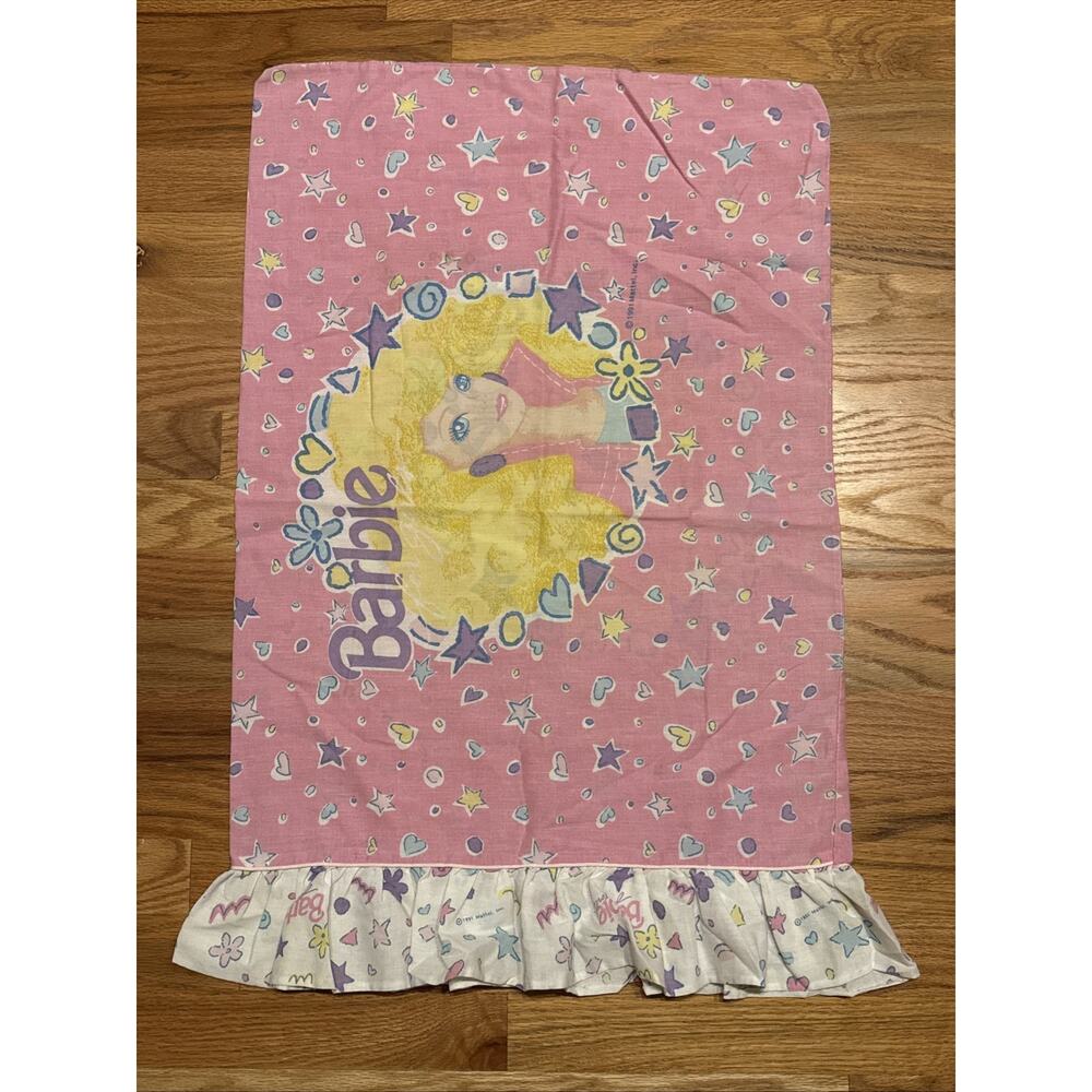 Barbie Pillowcase Vintage 1991 Mattel Pink Hearts Stars Ruffle edge Pillow Case